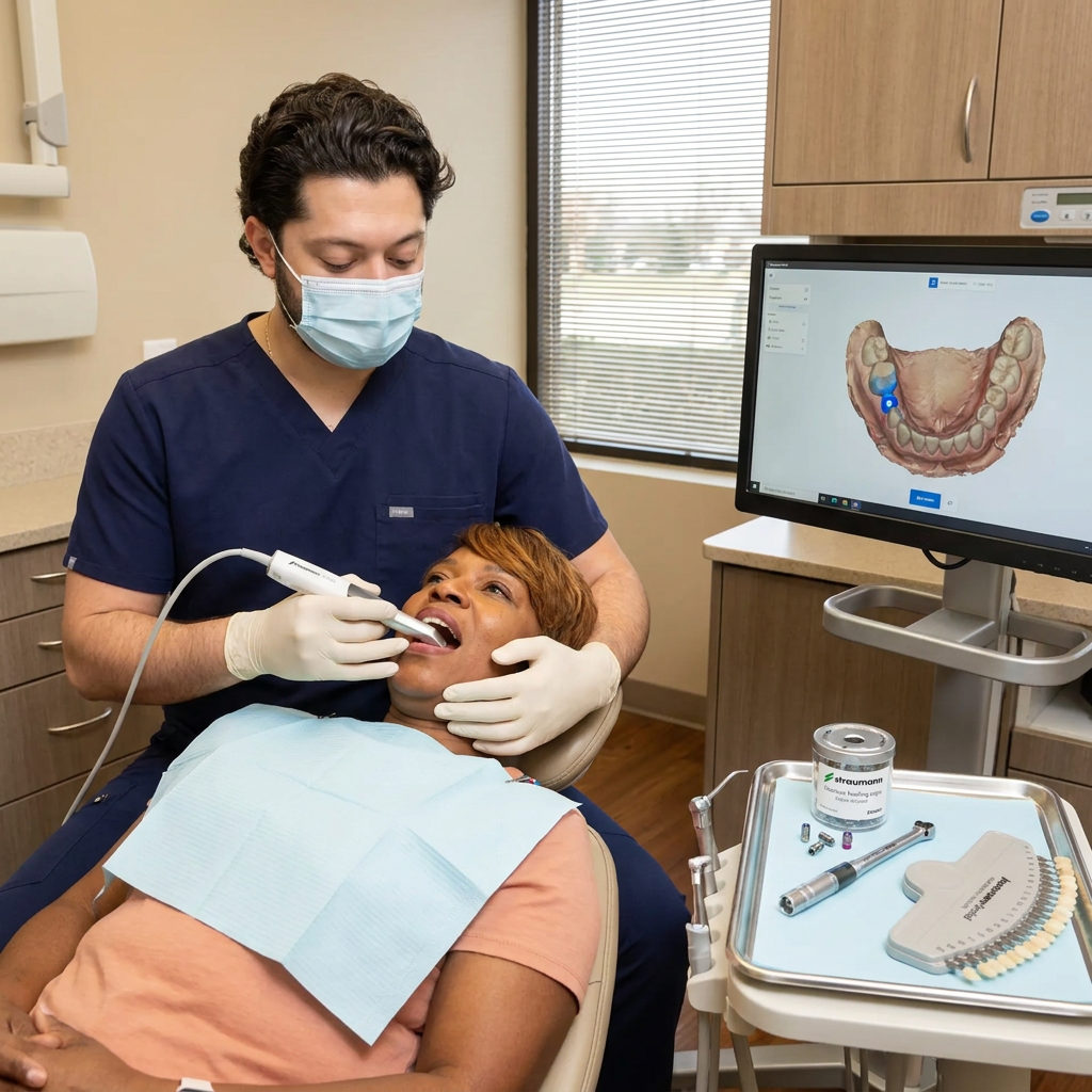A C. Patrick Gray, DDS. dentist in Flint, MI uses a digital scanner on a patient while a monitor shows a 3D model of a dental implant.