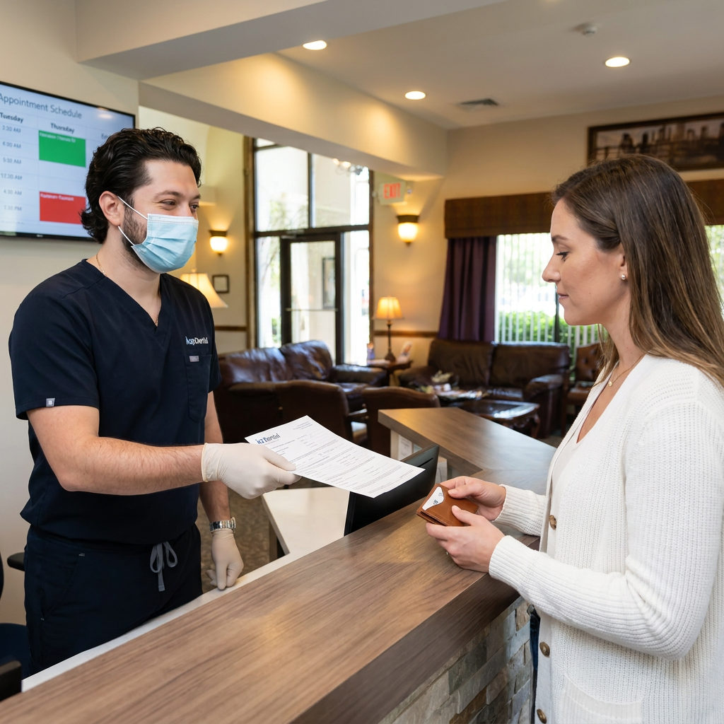 A dentist hands insurance forms to a patient at the C. Patrick Gray, DDS. reception desk in Flint, MI during a check-in.