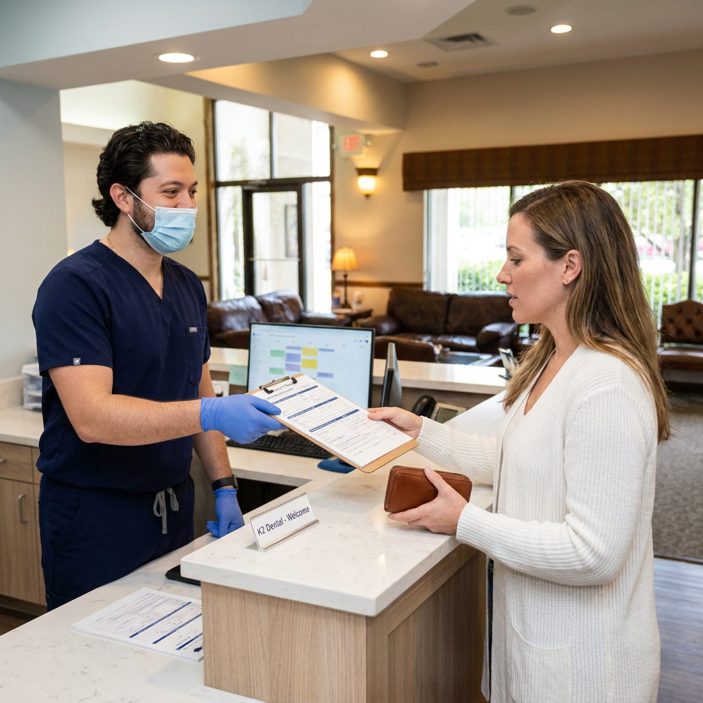 A dentist hands Cigna insurance paperwork to a patient at the C. Patrick Gray, DDS. reception desk in Flint, Michigan.