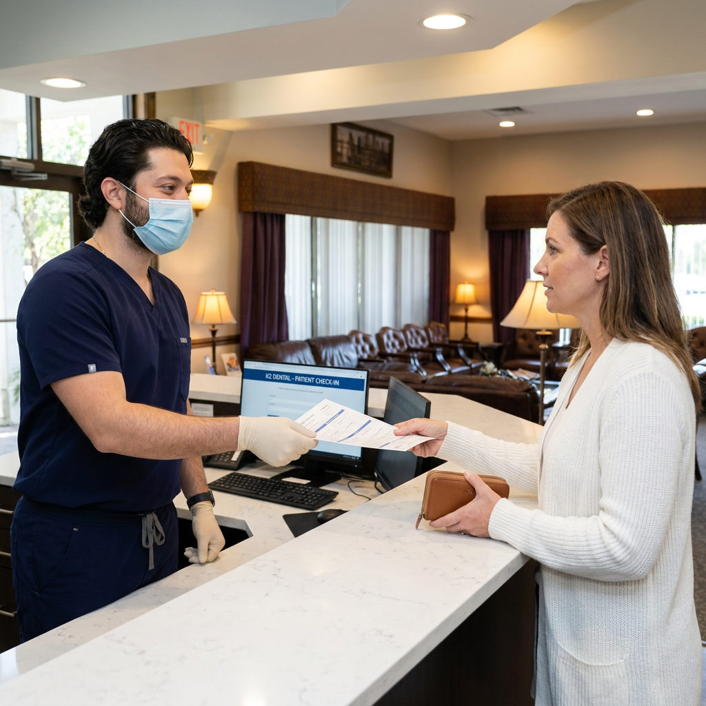 A dentist hands insurance paperwork to a patient at the C. Patrick Gray, DDS. reception desk in Flint, Michigan.