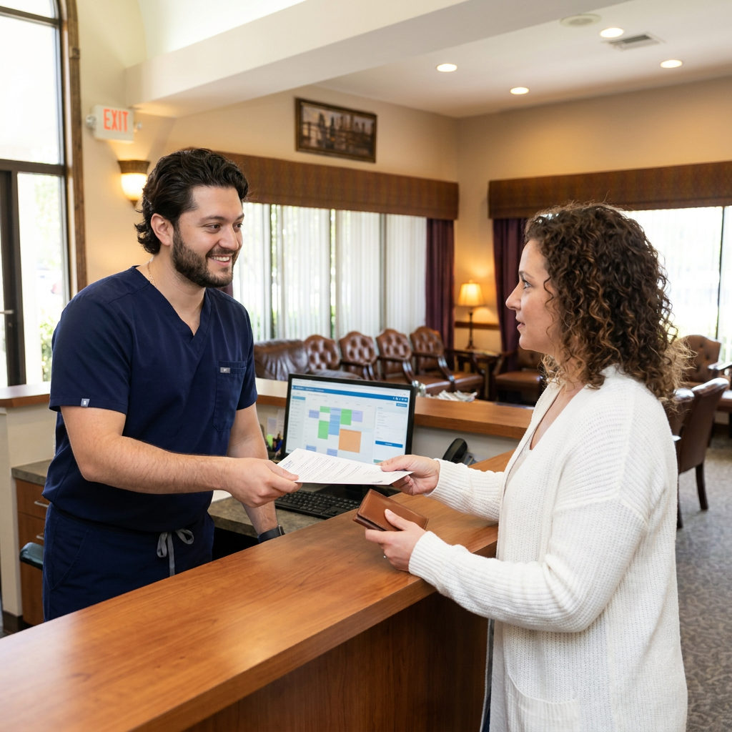 A dentist hands insurance forms to a patient at the C. Patrick Gray, DDS. reception desk in Flint, MI.
