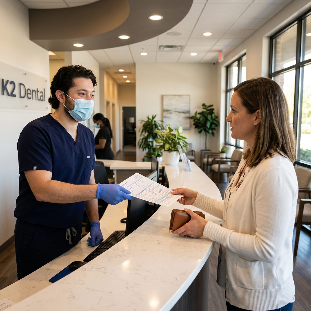 A dentist hands insurance paperwork to a woman at the C. Patrick Gray, DDS. reception desk in Flint, Michigan.