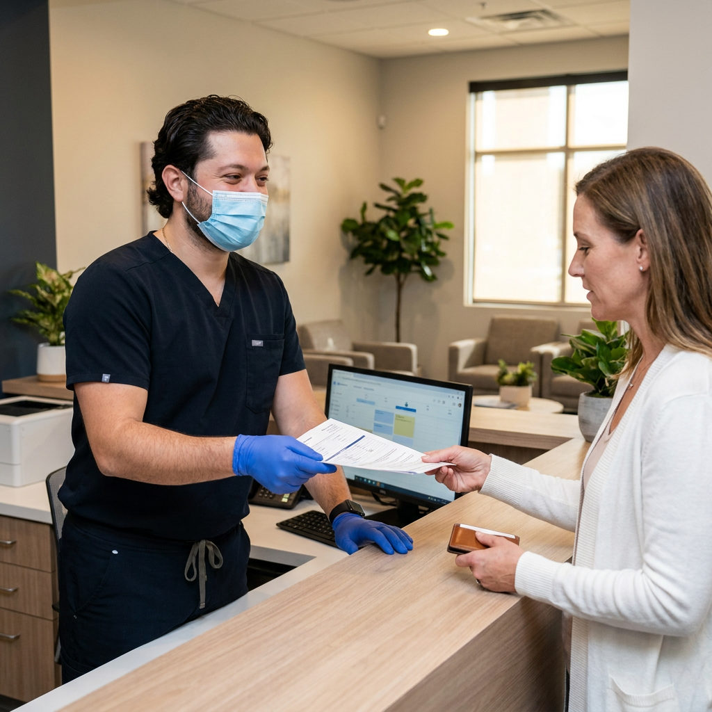 A dentist in navy scrubs hands insurance forms to a patient at the C. Patrick Gray, DDS. reception desk in Flint.