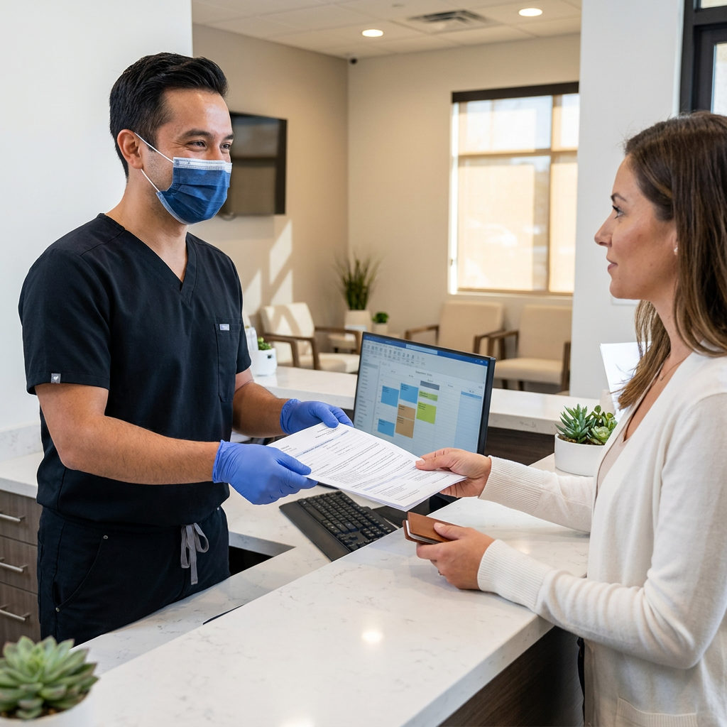 A dentist hands Guardian insurance paperwork to a woman at the C. Patrick Gray, DDS. reception desk in Flint.