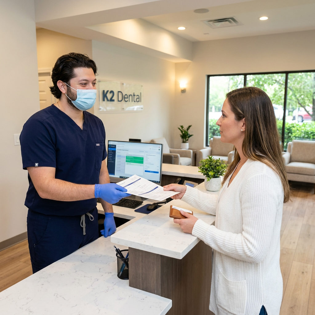 A dentist hands insurance forms to a patient at the C. Patrick Gray, DDS. reception desk in Flint, Michigan.
