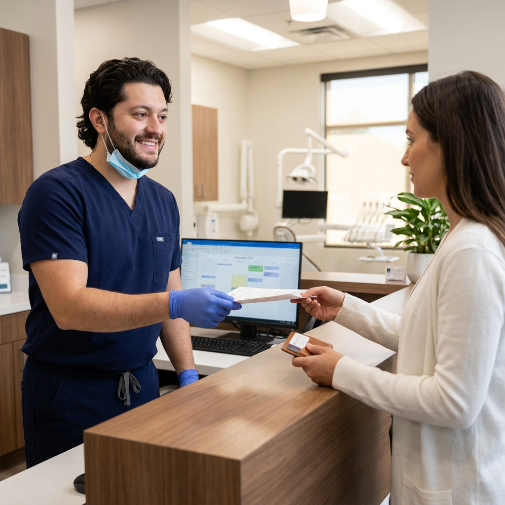 A dentist hands paperwork to a patient at the modern C. Patrick Gray, DDS. reception desk in Flint, MI during the check-in process.