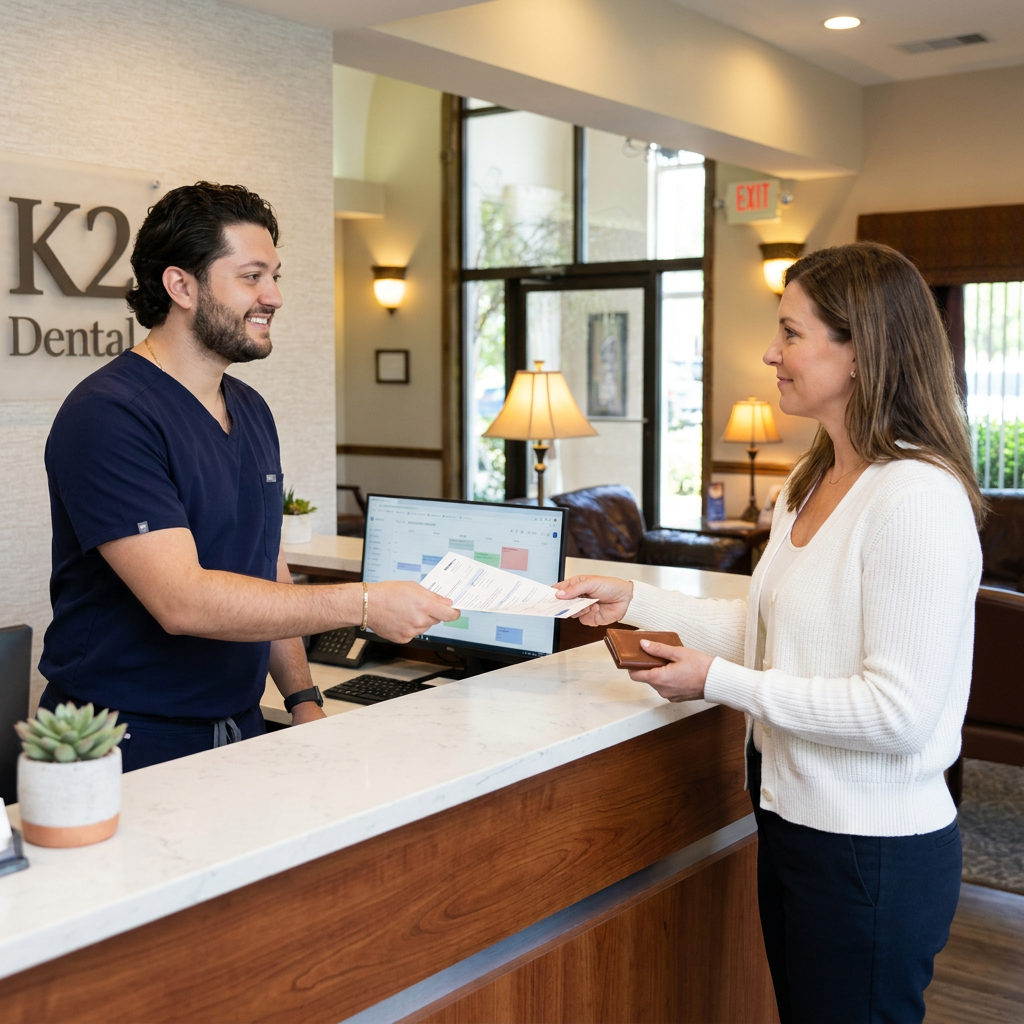 A dentist hands insurance paperwork to a patient at the C. Patrick Gray, DDS. reception desk in Flint, Michigan.