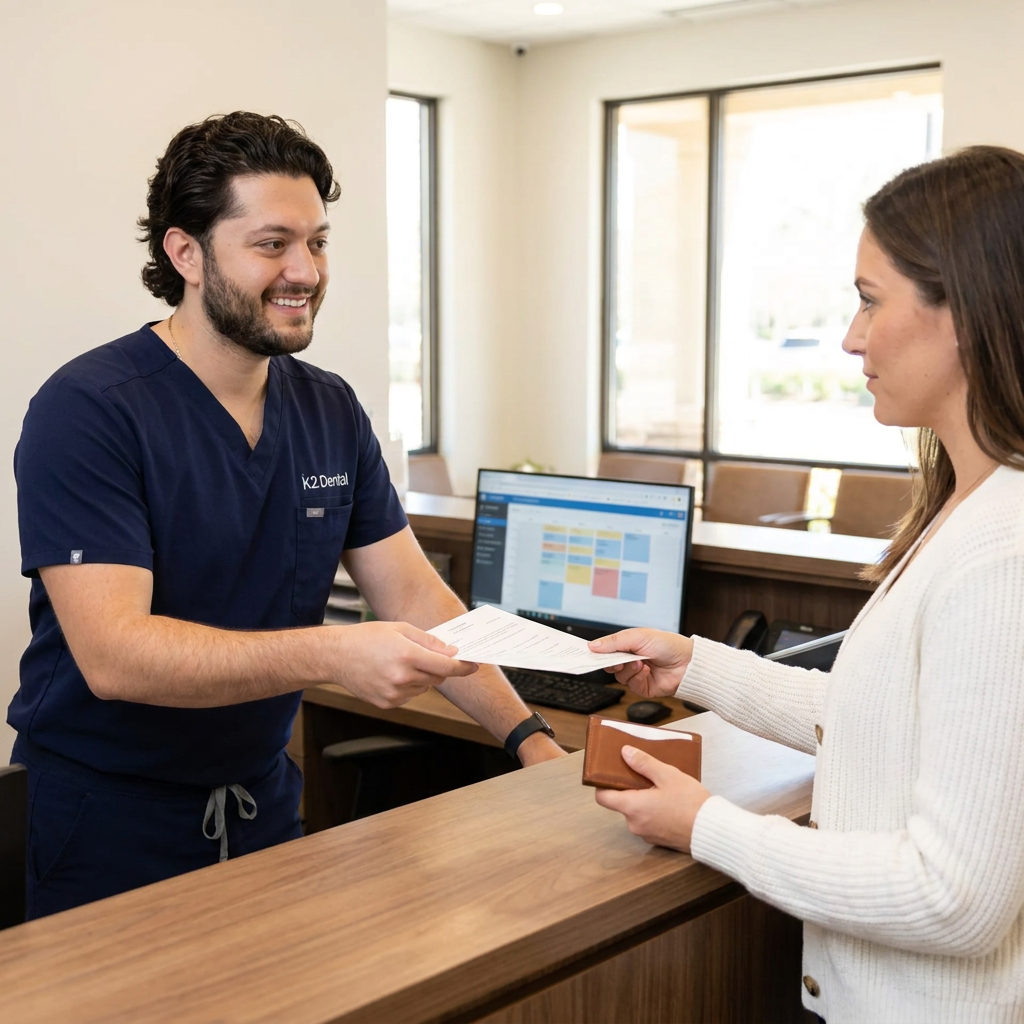 A dentist in navy scrubs hands insurance paperwork to a patient at the C. Patrick Gray, DDS. reception desk in Flint, MI.