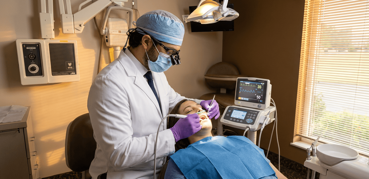 Dr. Kroni performs a sinus lift using a piezoelectric handpiece on a sedated patient in a calm treatment room.