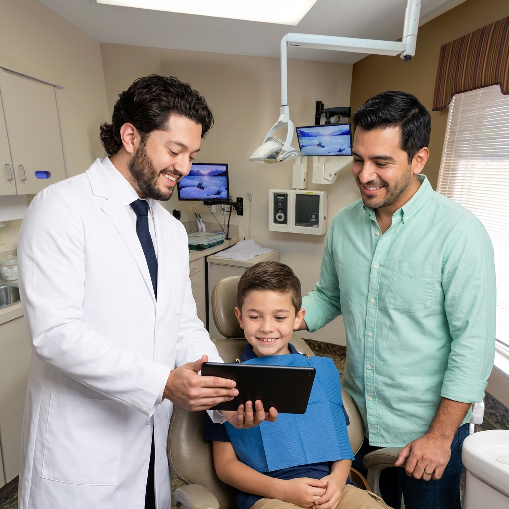 Dr. Kroni shows treatment plan on tablet to young patient and father during pediatric dentistry consultation.