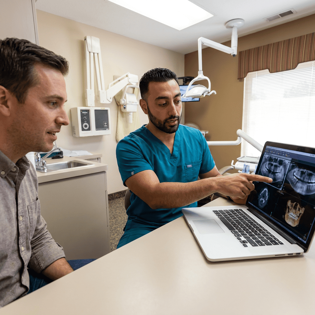 Dentist Dr. Khaddor reviews digital X-rays with a patient for treatment planning.