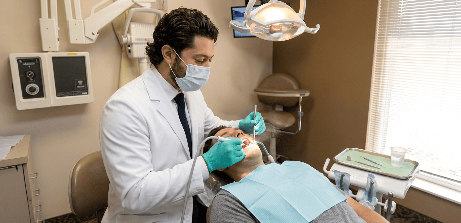 Dr. Kroni performs ultrasonic scaling to remove tartar from a patient's lower teeth during a procedure.