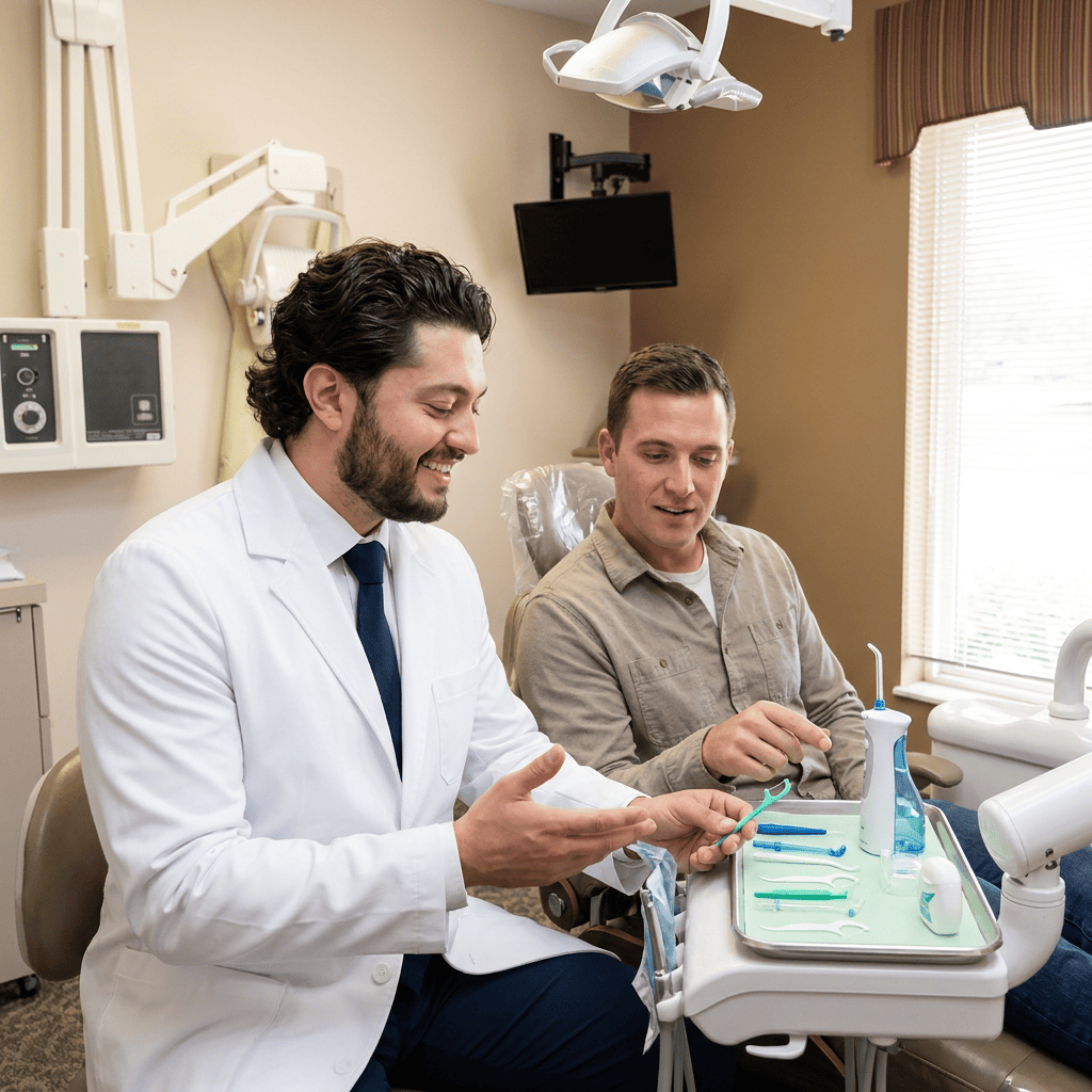 Dr. Kroni educates a patient about various flossing tools in a bright dental treatment room.