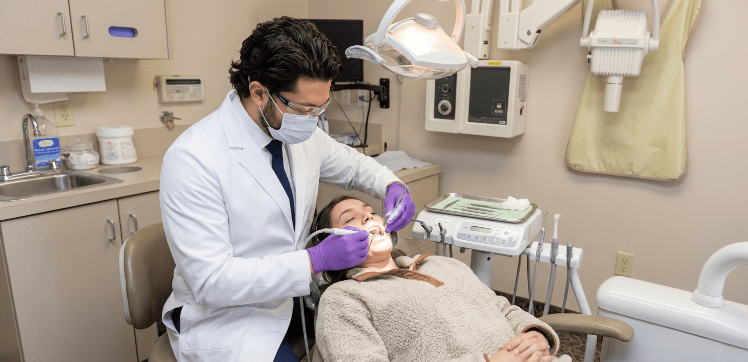 Dr. Kroni performs deep scaling with an ultrasonic scaler on a patient to treat gum disease.