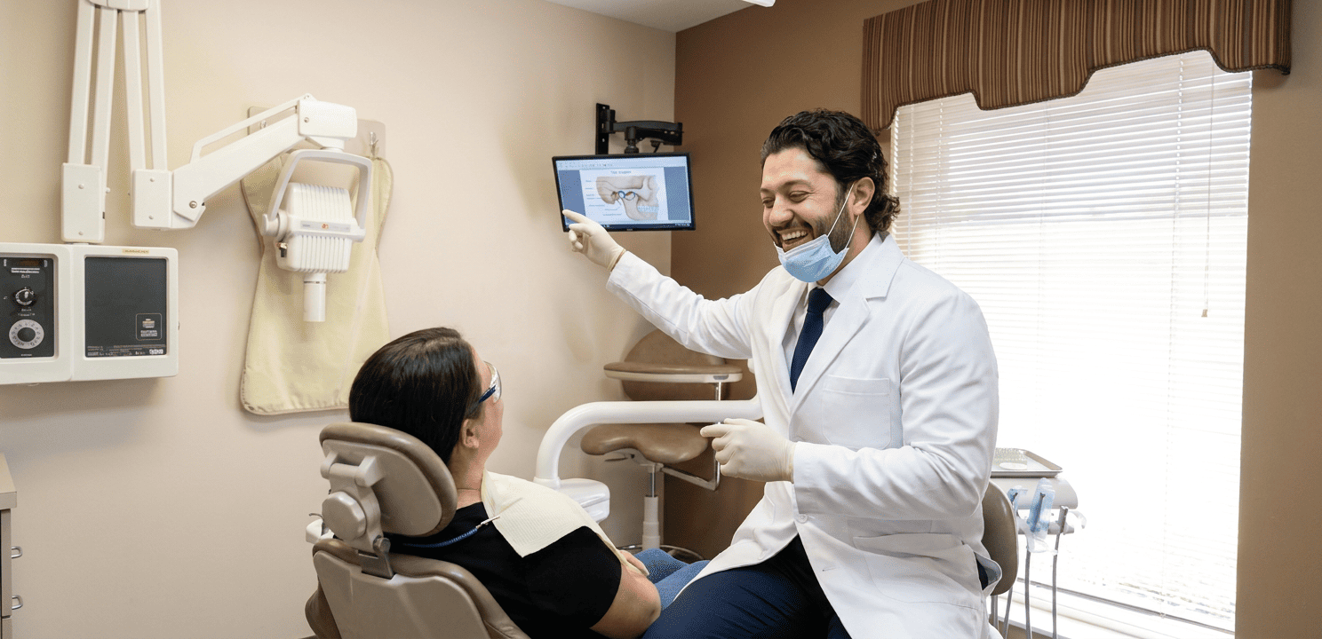 Dr. Kroni consults with a patient regarding TMJ/TMD treatment in a modern dental office.