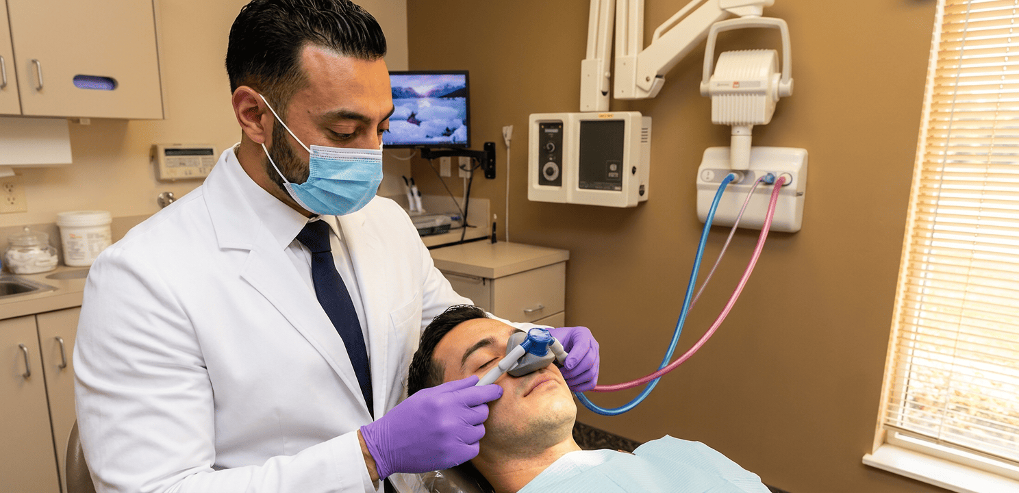 Dr. Khaddor administers nitrous oxide sedation mask to a relaxed patient during a dental procedure.