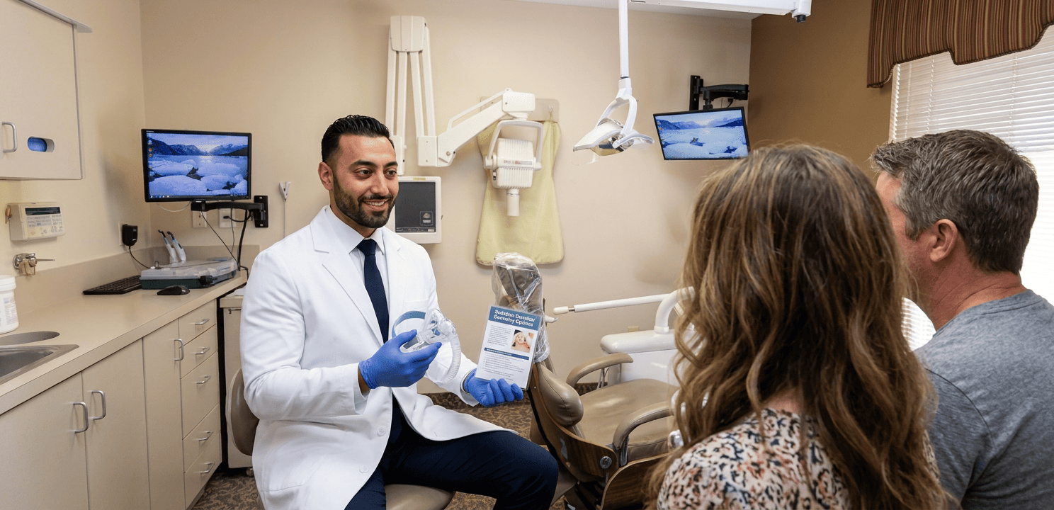 Dr. Khaddor explains sedation dentistry options to two patients in a modern dental office.