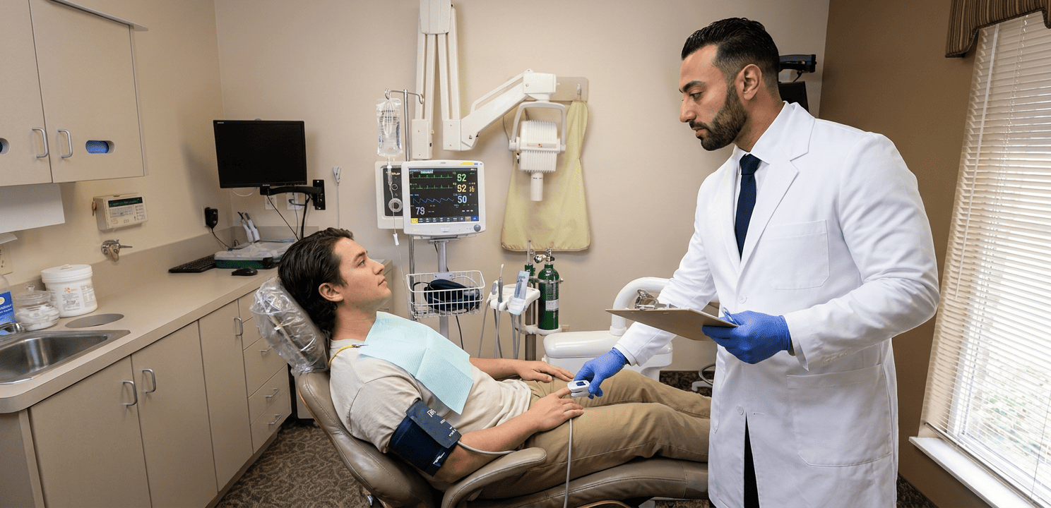 Dr. Khaddor checks a patient's vital signs before IV sedation, monitoring stable readings.