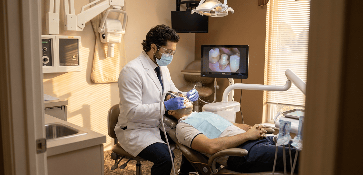 Dentist prepares abutment tooth for dental bridge while patient watches live intraoral camera feed.