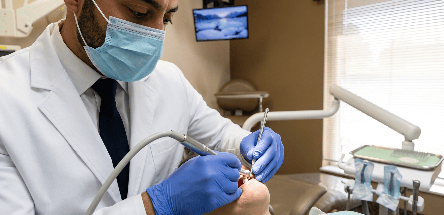 Dr. Khaddor consults patient on dental implant restoration in a modern, welcoming dental office.