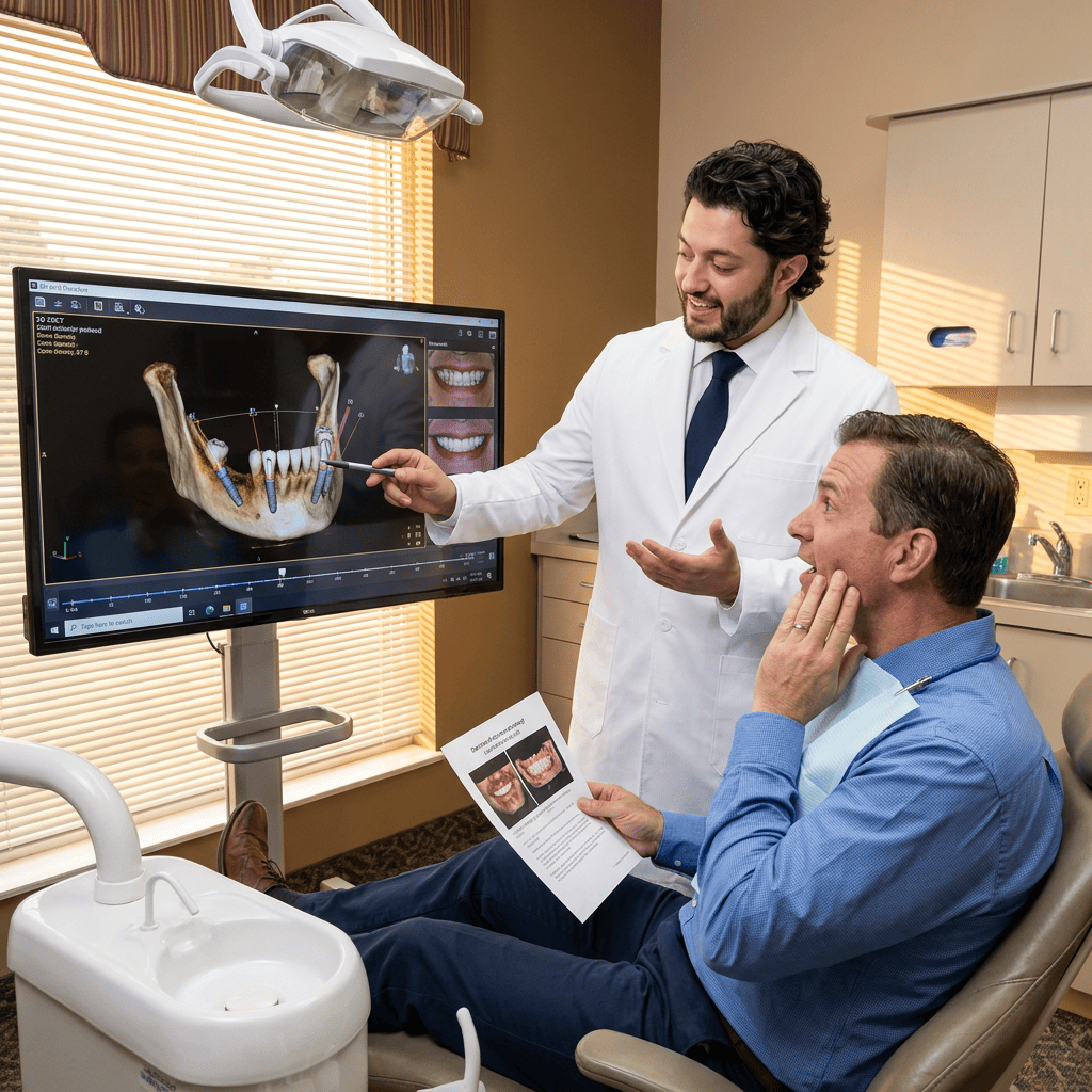 Dentist Dr. Kroni presents a 3D digital All-on-X dental implant plan to a patient on a large screen.