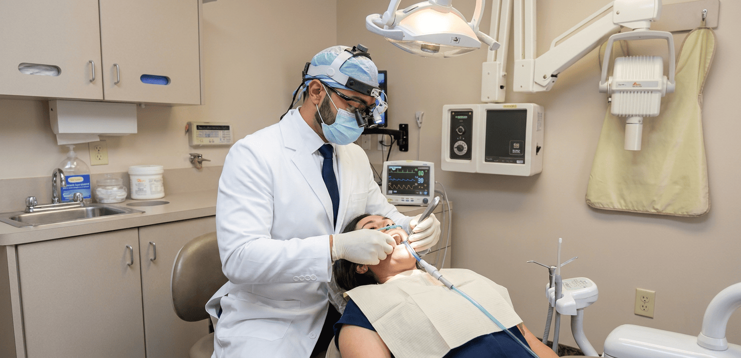 Dr. Khaddor performs a gentle surgical tooth extraction on a sedated patient in a dental operatory.