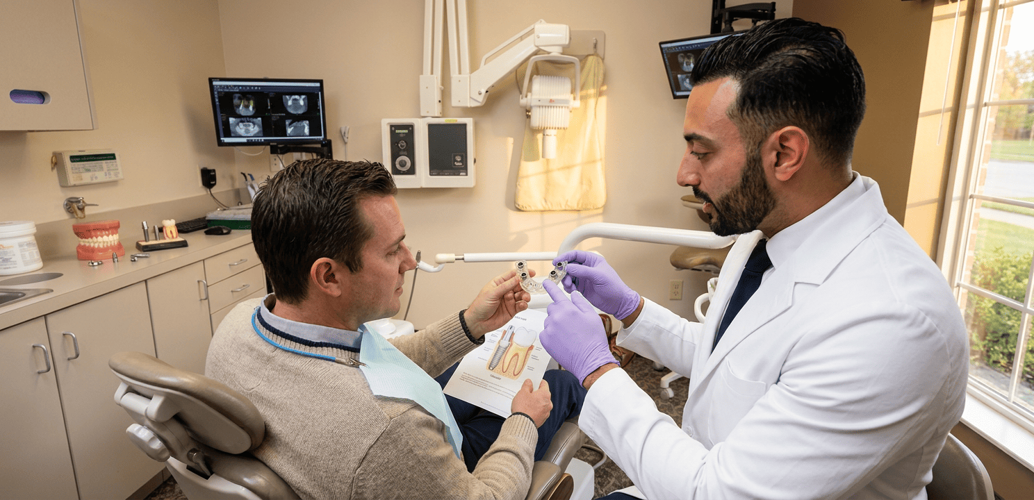 Dr. Khaddor shows patient a 3D-printed All-on-X dental implant surgical guide for precise placement.