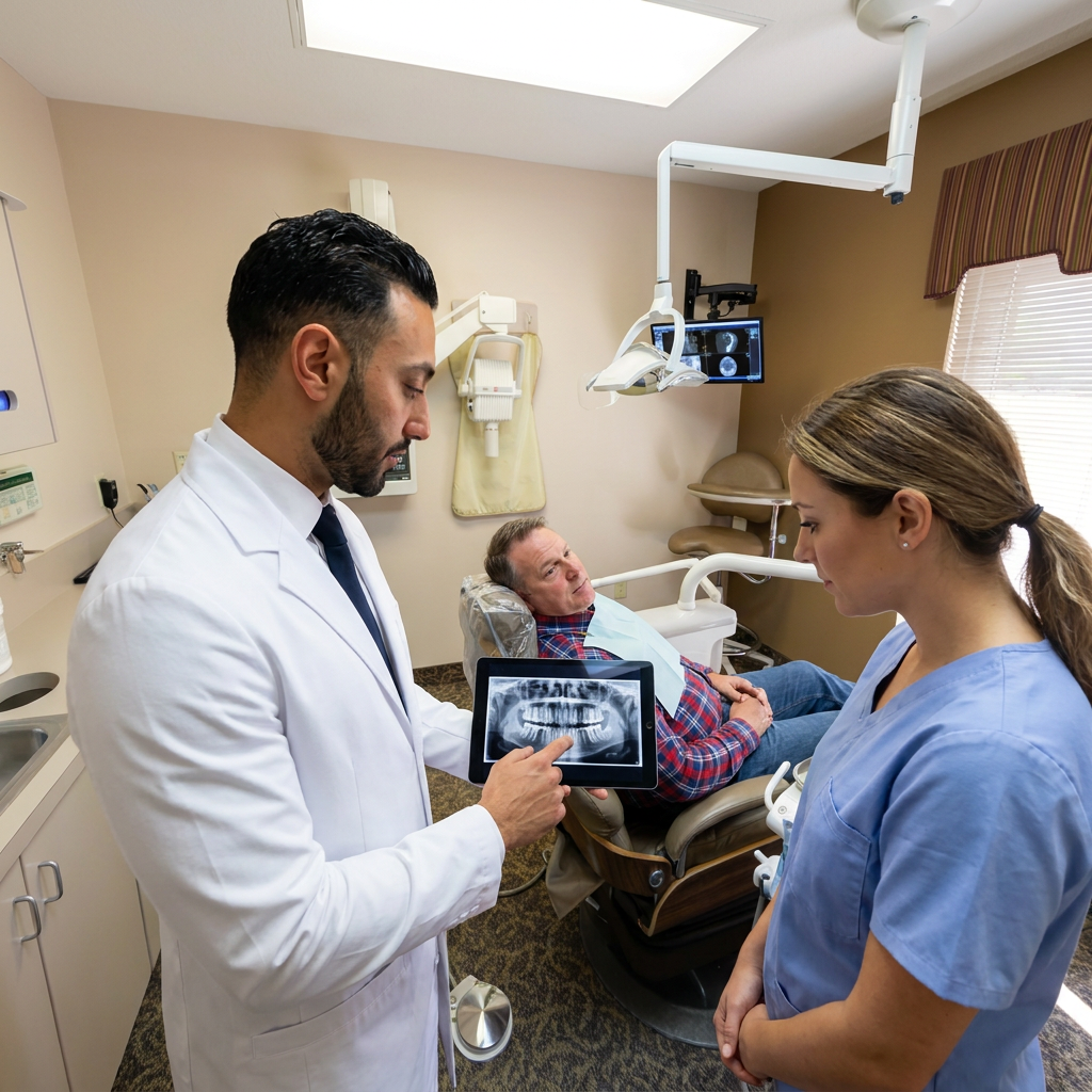 Dentist and hygienist review patient's panoramic X-rays on a tablet during a dental exam.