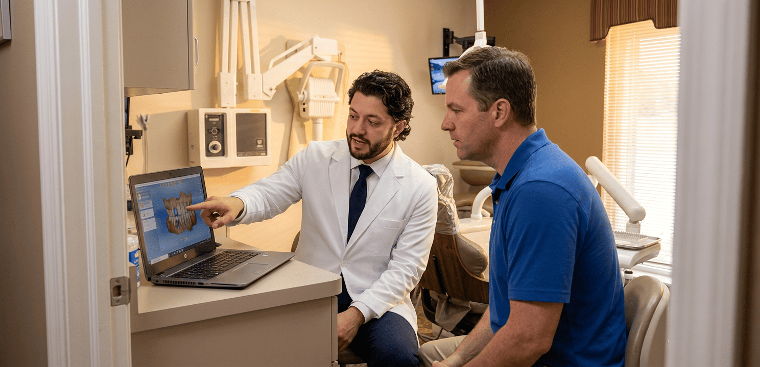 Dr. Kroni reviews full-arch dental implant planning on a laptop with a patient.