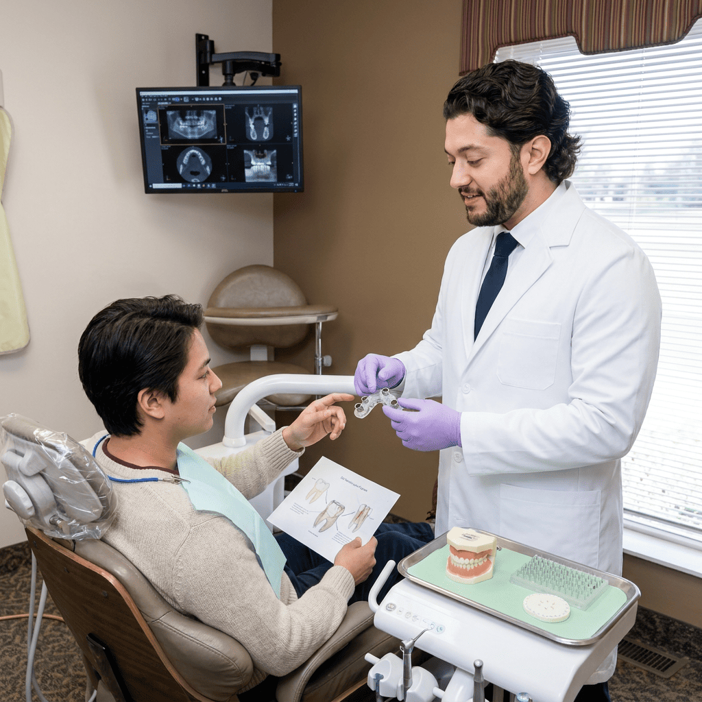 Dr. Kroni and patient examine a 3D-printed surgical guide for precise Full-Arch Dental Implant placement.