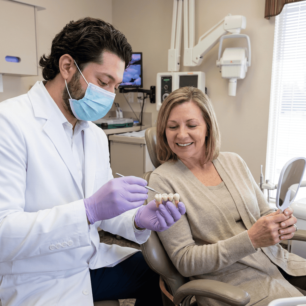 Dentist Dr. Kroni explains a dental bridge using tooth models to an attentive patient.