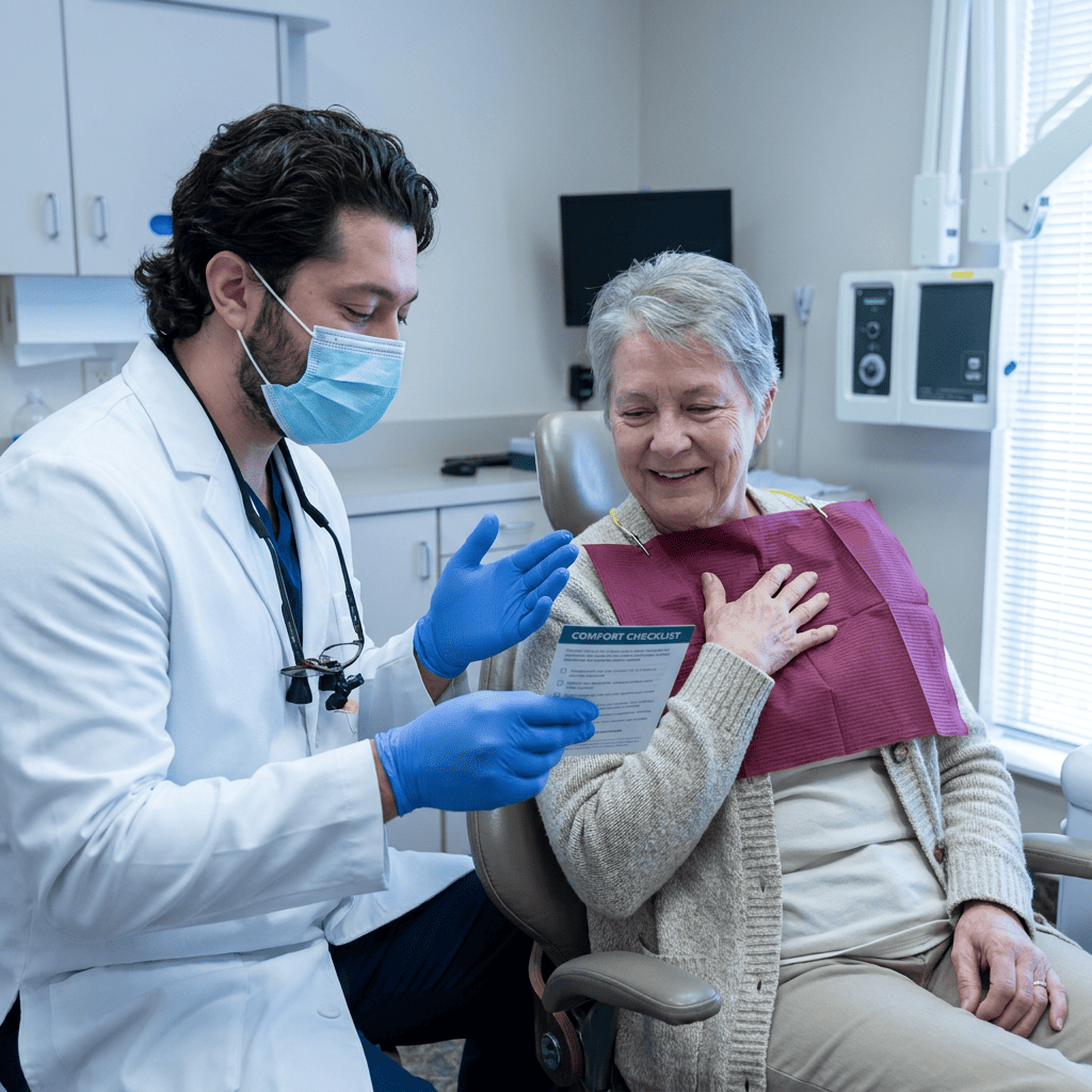 Dentist Dr. Kroni reviews denture comfort checklist with a smiling patient in a treatment room.