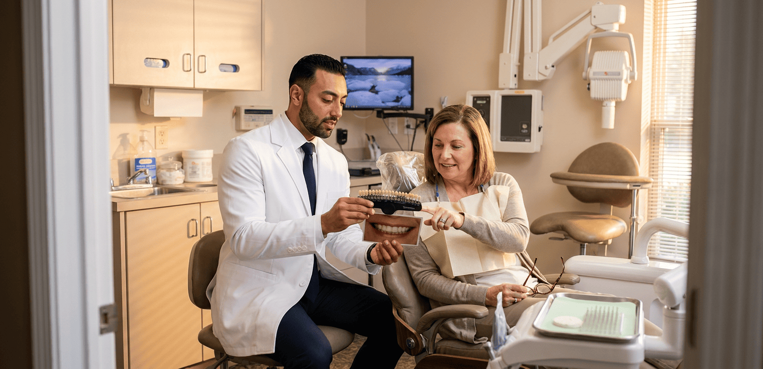 Dr. Khaddor compares implant-supported denture shade guide and patient's old smile photo with patient.