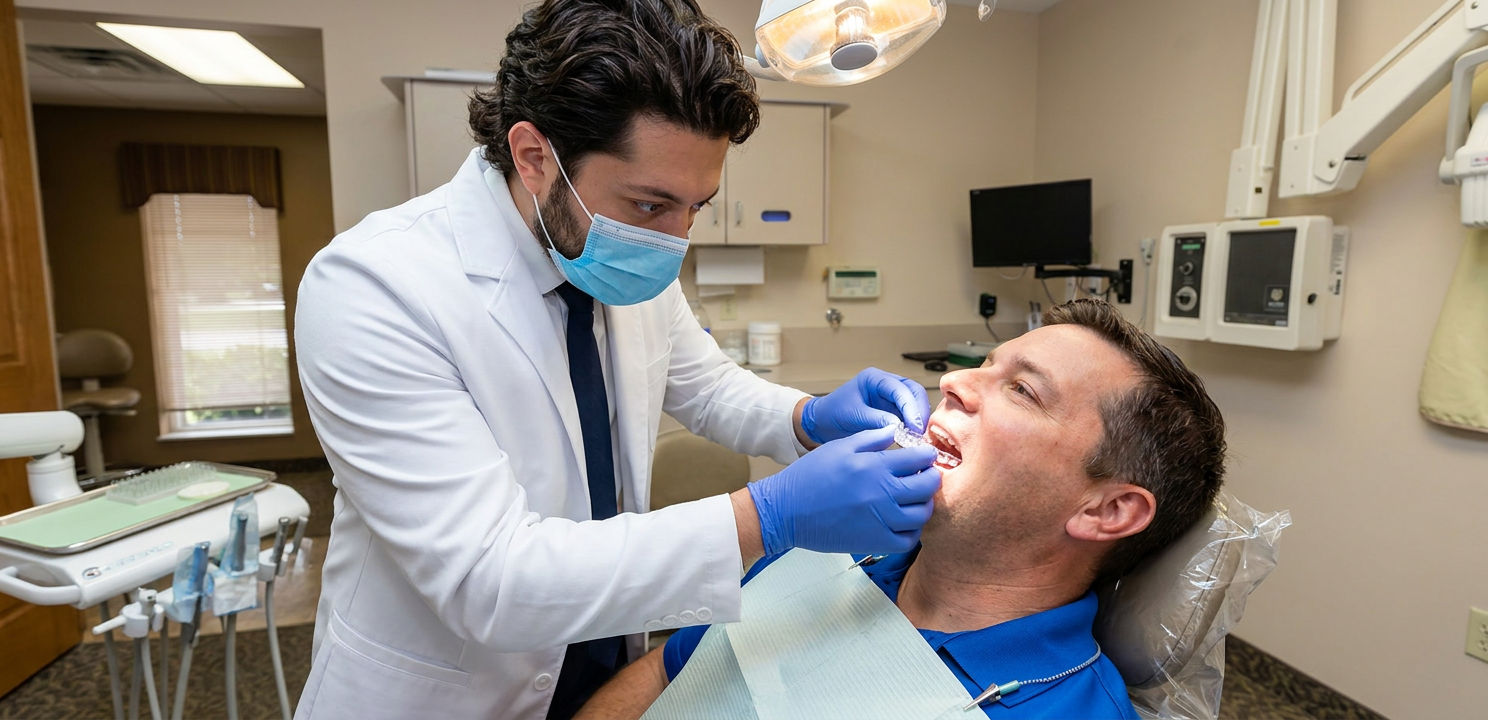 Dentist meticulously places an Invisalign clear aligner into patient's mouth during a fitting appointment.