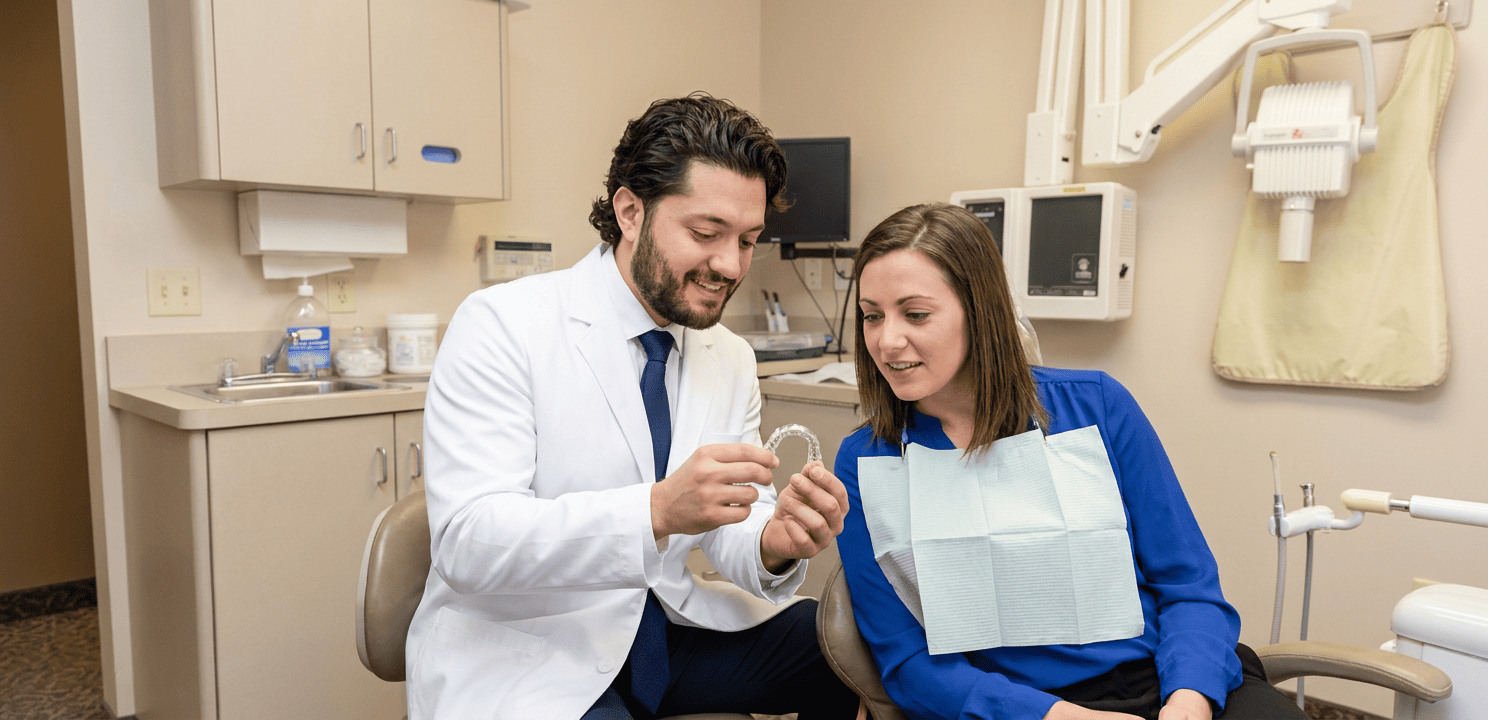 Dentist explains Invisalign clear aligner to patient during a dental consultation.