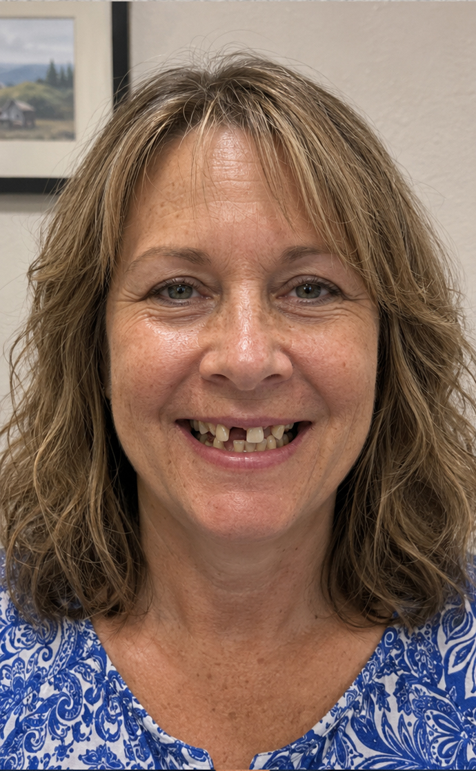 Patient before dental treatment at C. Patrick Gray, DDS. in Flint, MI, showing a missing upper front tooth