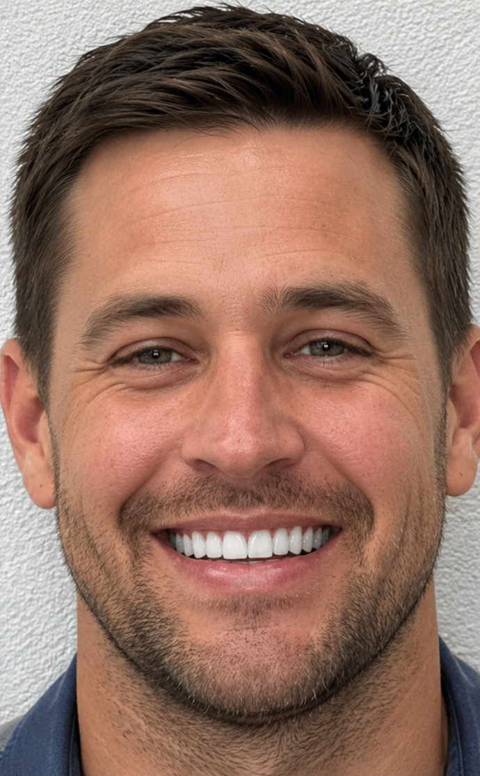 Same patient after smile treatment at C. Patrick Gray, DDS. in Flint, MI, showing a full, even smile with the gap corrected