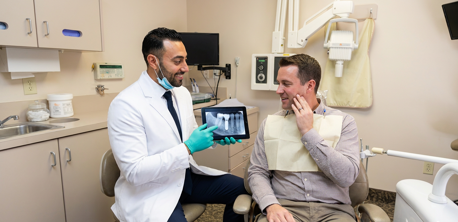 A C. Patrick Gray, DDS. dentist in Flint, MI places a dental implant post in a patient's jaw during an implant procedure.