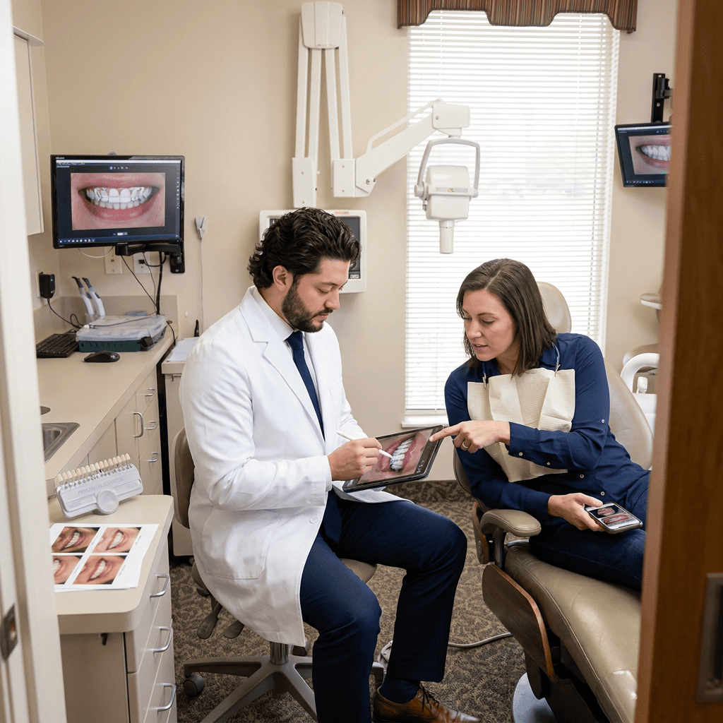 Dentist designs patient's veneers on tablet with stylus, patient points to desired teeth during smile design.
