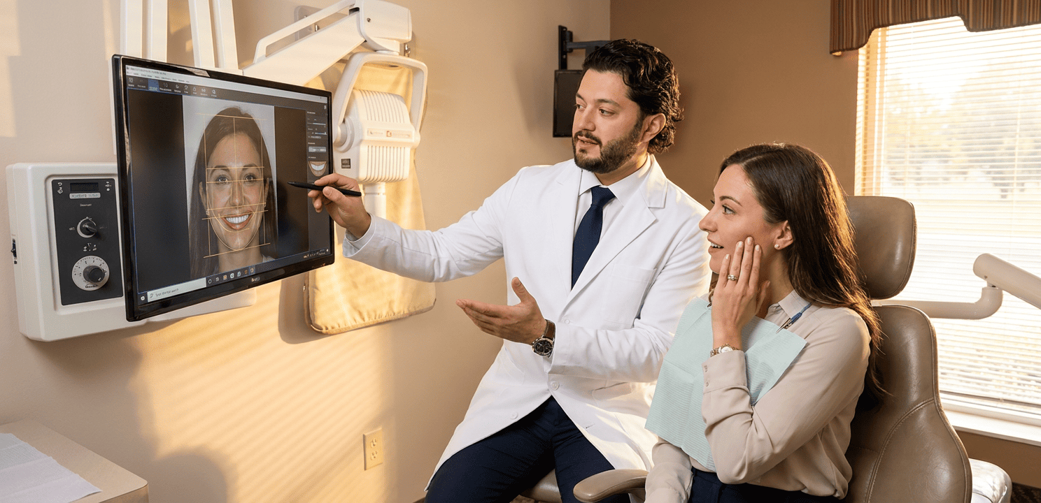 Dentist Dr. Kroni uses facial analysis software to design a patient's customized smile.