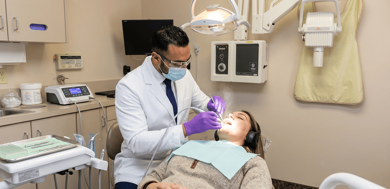 Dr. Khaddor performs deep scaling and root planing with an ultrasonic scaler on a patient.