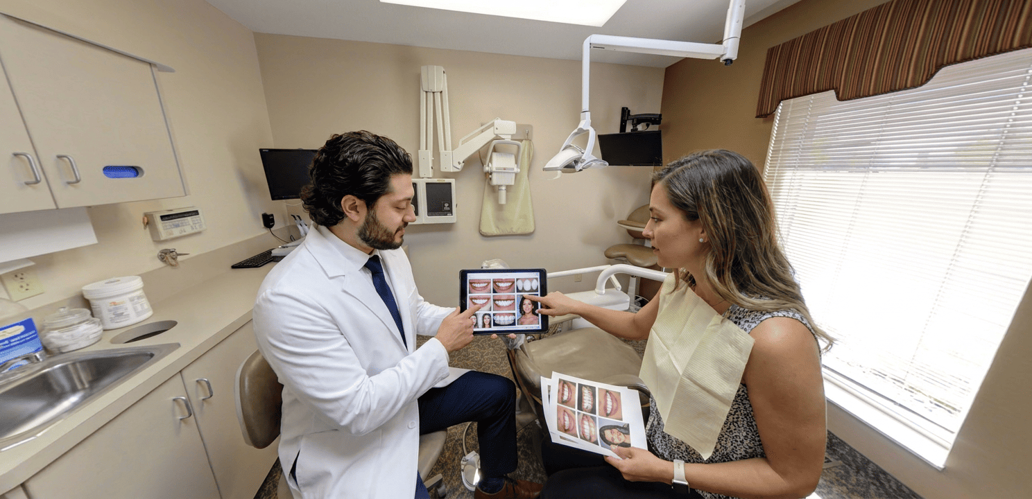 Dr. Kroni and patient collaboratively select aesthetic elements for smile design on a digital mood board.