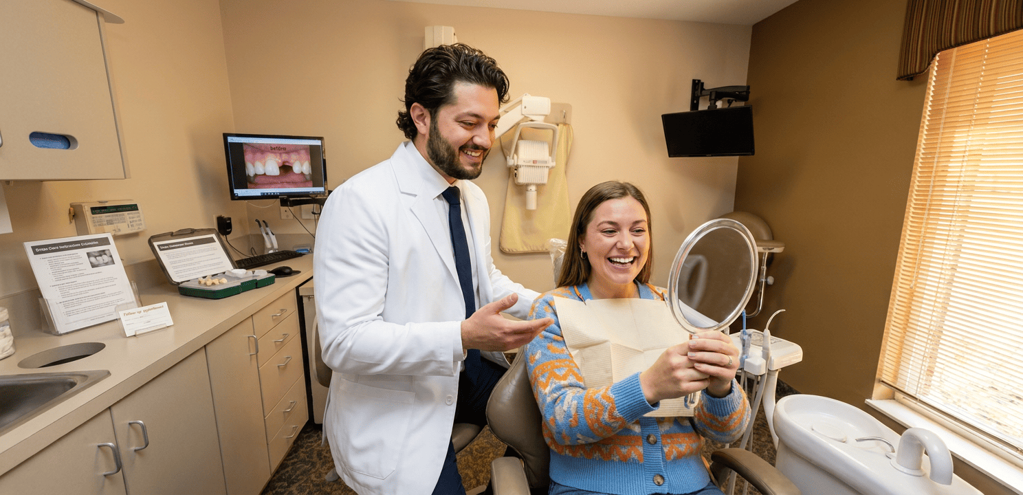 Dr. Kroni hands mirror to patient, revealing a complete smile restored with implant-supported bridges.