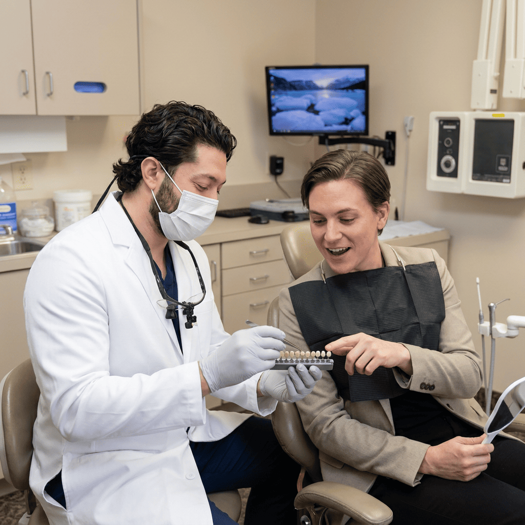 Dentist and patient collaboratively examine veneer sample tray in a modern dental room.