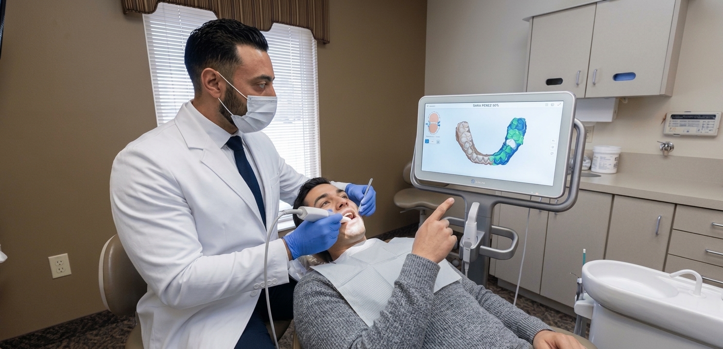 Dr. Khaddor performs intraoral scan for clear aligner fabrication as patient watches their dental arch appear on screen.