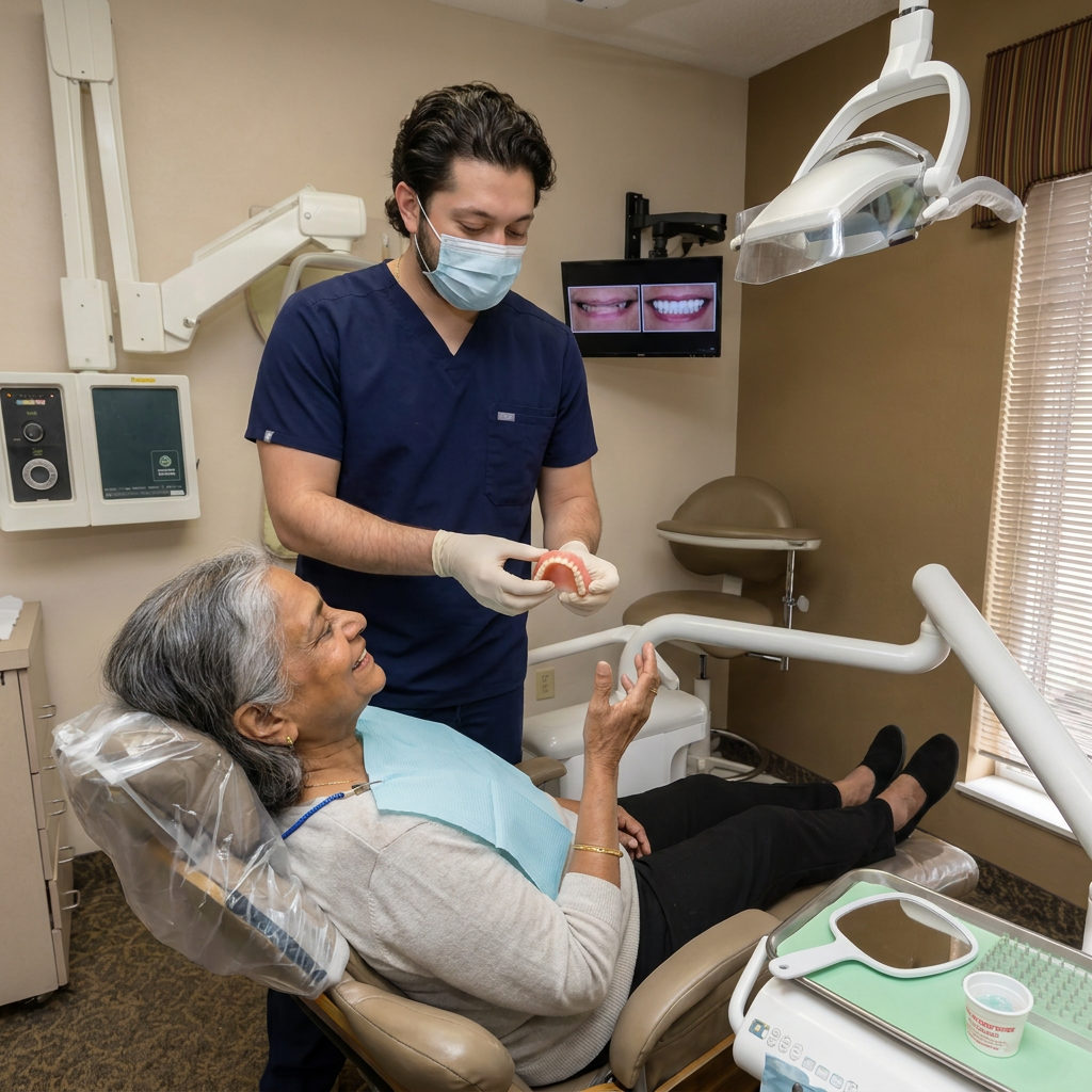 A dentist at C. Patrick Gray, DDS. in Flint shows a new upper denture to a smiling South Asian patient during a consultation.