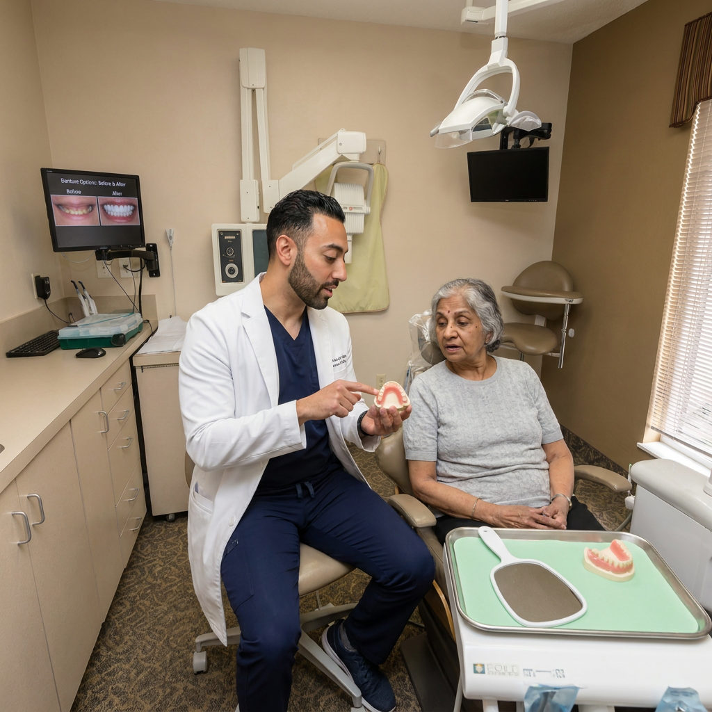A C. Patrick Gray, DDS. dentist in Flint explains a denture model to a South Asian patient during a consultation in a modern exam room.
