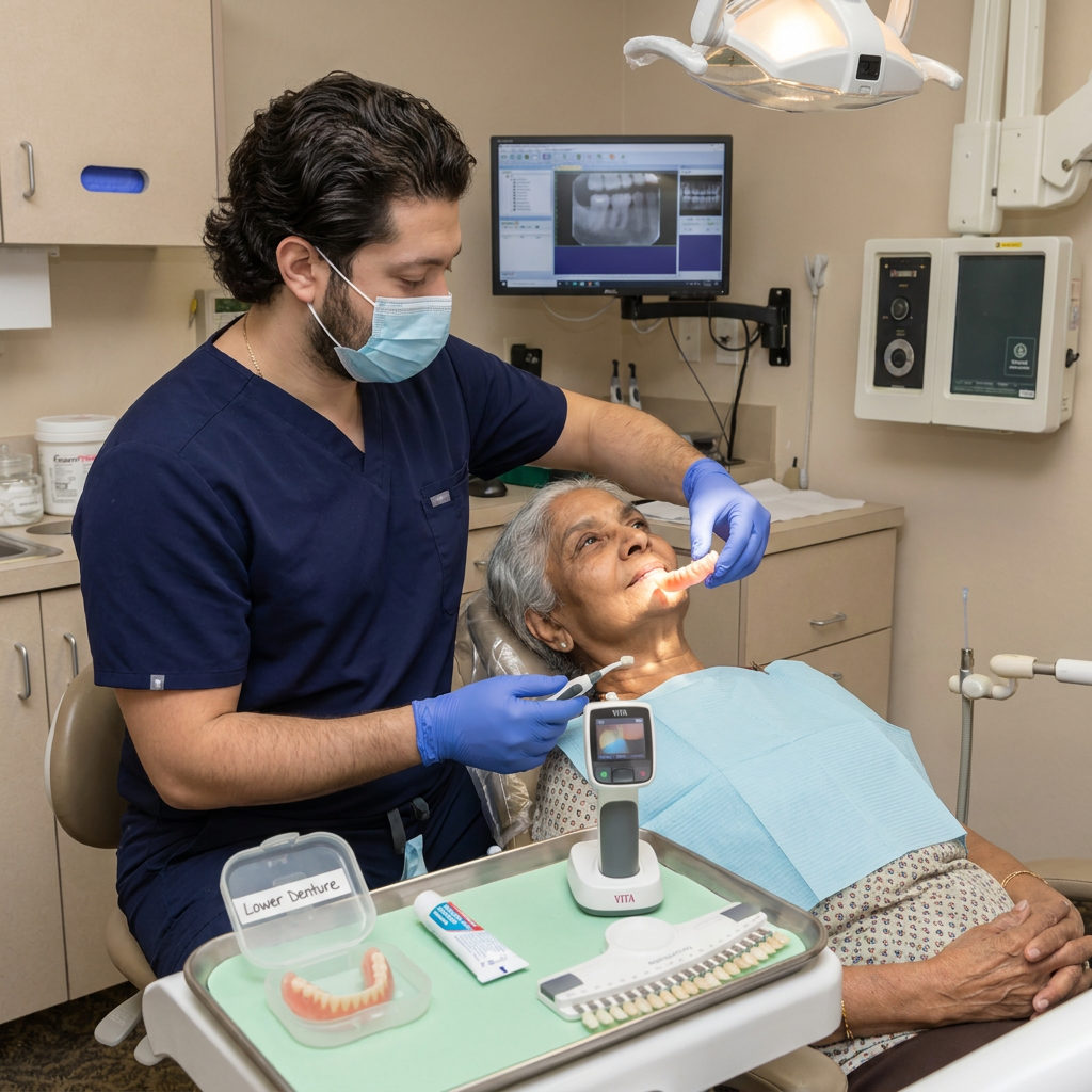 A C. Patrick Gray, DDS. dentist in Flint uses a digital shade-matching tool to check a custom denture against a patient's smile.