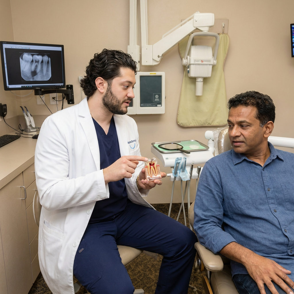 A C. Patrick Gray, DDS. dentist in Flint explains a tooth model to a patient during a root canal therapy consultation.