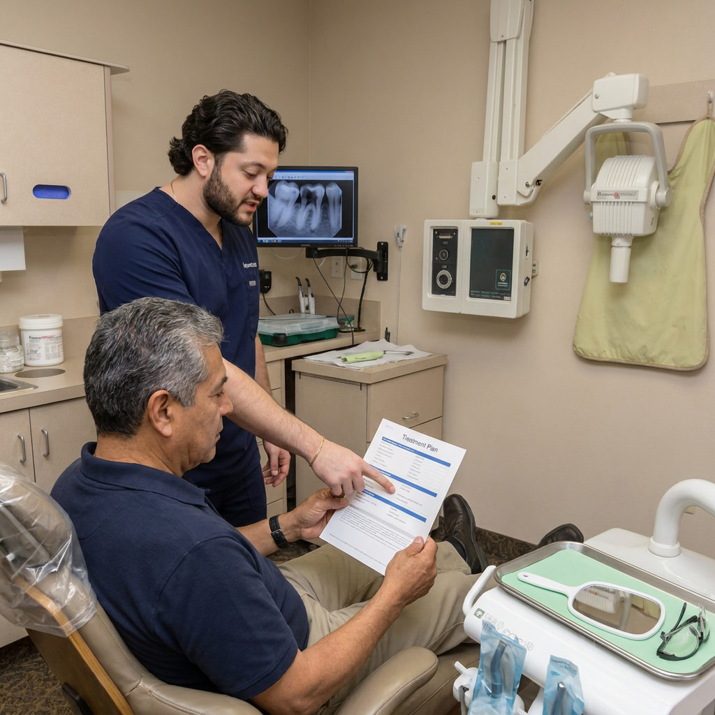 A dentist at C. Patrick Gray, DDS. in Flint explains a treatment plan for composite fillings to a patient in a dental chair.